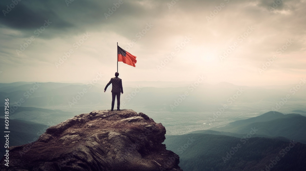 Businessman with flag standing on mountain top. Businessman climbing for business success goals. Generative AI