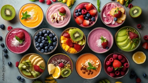 Vibrant and Colorful Smoothie Bowls: A Refreshing and Wholesome Breakfast Option for Any Website. Generative AI.