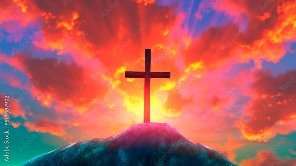 Christian easter. Conceptual religious symbol on a colorful sky at sunset. Generative AI