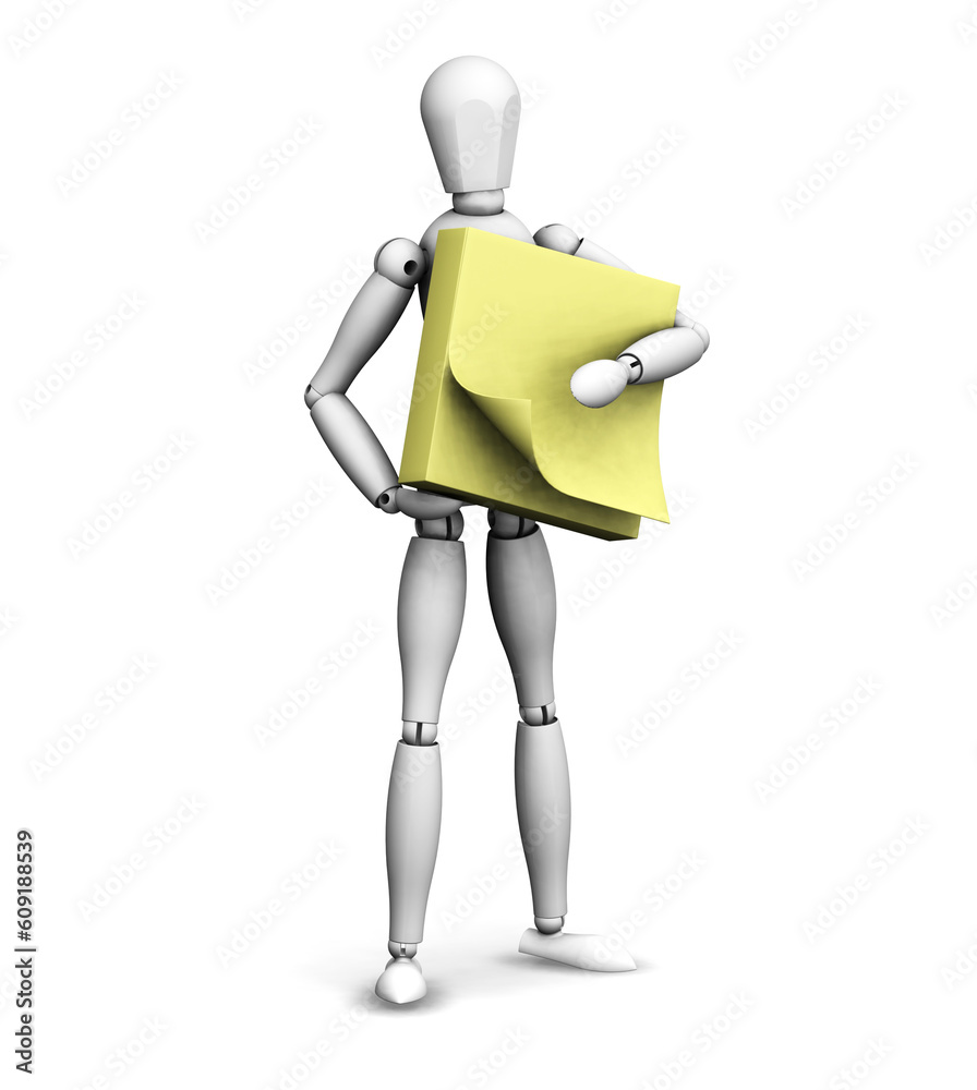 3D render of a wooden man holding a stack of post-it notes 3D render of a wooden man holding a stack of post-it notes
