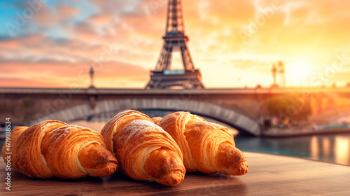 Delicious french croissants on romantic background of Eiffel tower, Paris. Generative AI