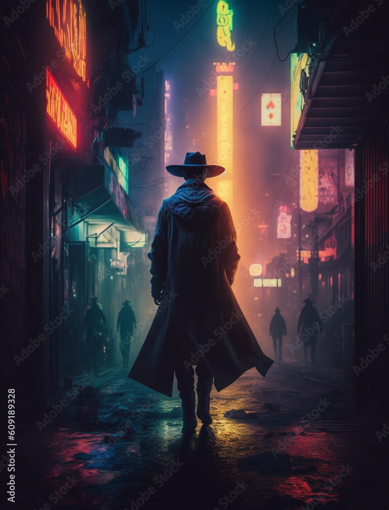 a cowboy gunslinger walking the neon lit streets.Generative AI
