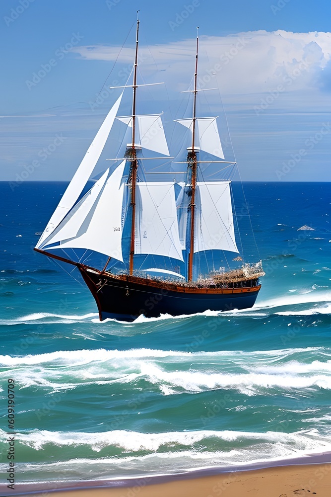 Fototapeta premium sailing ship on stormy sea (AI)