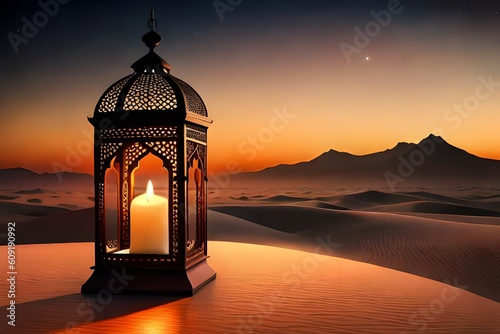 Ornamental Arabic lantern with burning candle glowing . Festive greeting card, invitation for Muslim holy month Ramadan Kareem. Ramadan Kareem greeting photo with serene mosque Generative AI