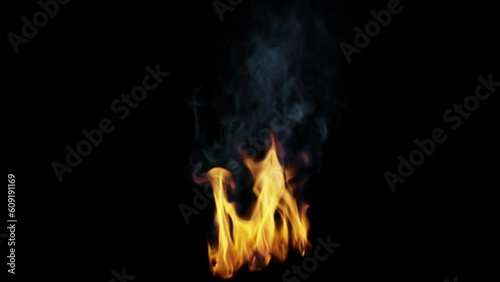 Small bright campfire with bluish smoke - 4K Pro Res isolated on black background