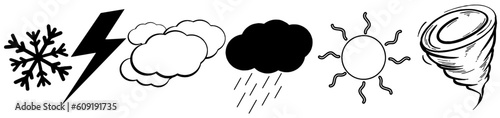 Set of hand drawn weather icons including snowflake, clouds, rain cloud, lightning bolt, sun, and tornado funnel