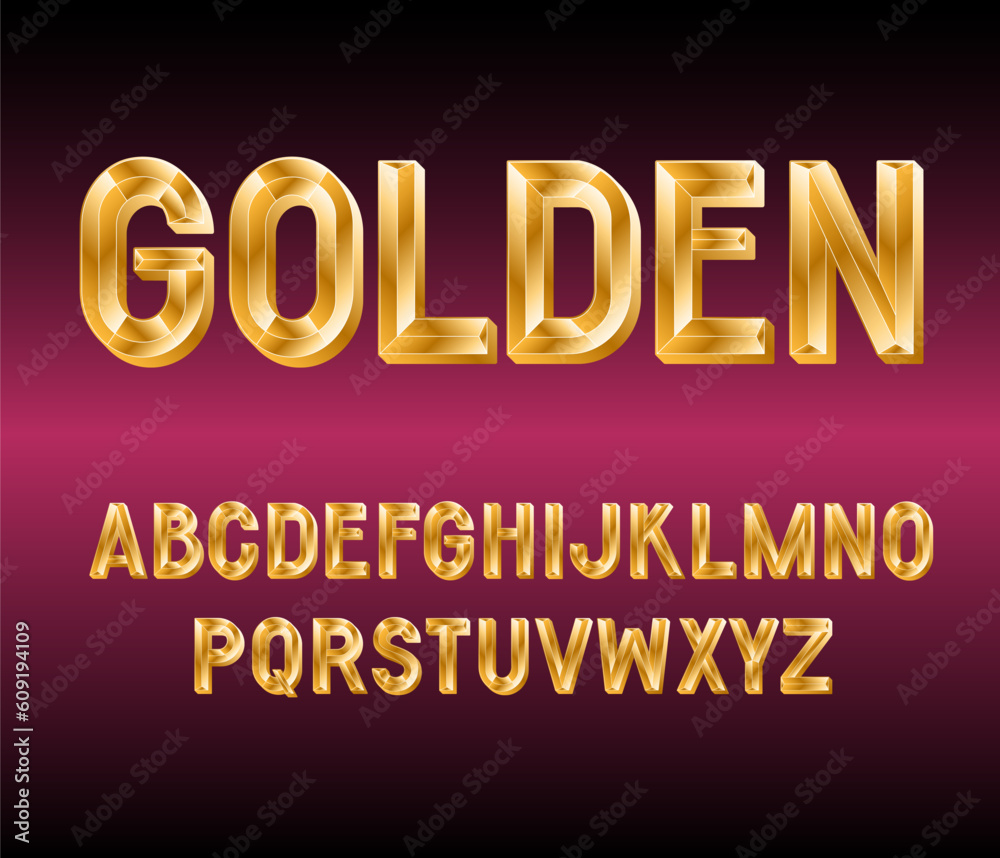 Golden Convex Alphabet. 3d Metallic font. Shiny Letters and Numbers.