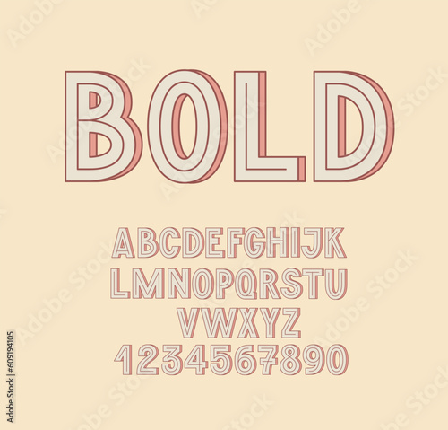 Retro 3d Old Style Volumetric Font. English Bold Alphabet. Cartoon Letters and Numbers.
