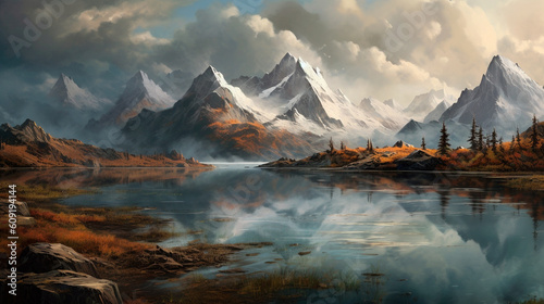 Mountain lake with mountain range reflected. Generative AI © Aram