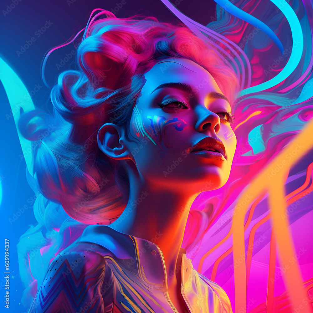 Neon Woman with Swirling Background