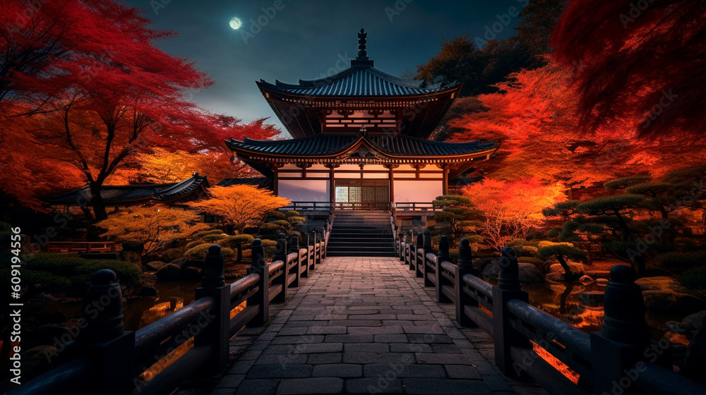 Obraz premium Nightfall at Rurikoin Temple in Kyoto with fiery red autumn foliage. Generative AI