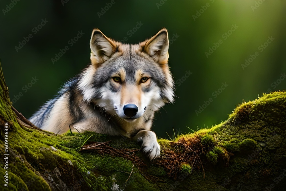 A majestic gray wolf with piercing yellow eyes, its coat glistening in the soft sunligh A majestic gray wolf with piercing yellow eyes, its coat glistening in the soft sunligh