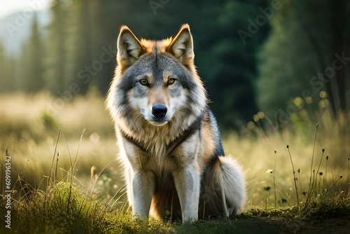 A majestic gray wolf with piercing yellow eyes, its coat glistening in the soft sunligh