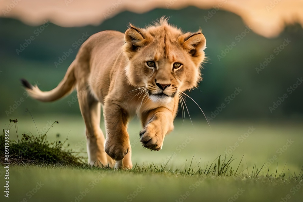 Obraz premium A playful lion cub pouncing on its sibling, their fluffy manes forming a beautiful contrast