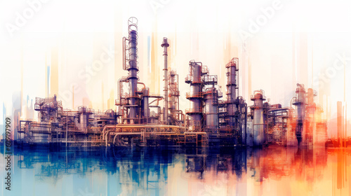 Petrochemical engineering. Blue and sunlight-colored double exposure design. Generative AI © Aram