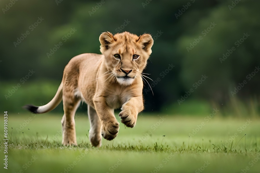 Obraz premium A playful lion cub pouncing on its sibling, their fluffy manes forming a beautiful contrast