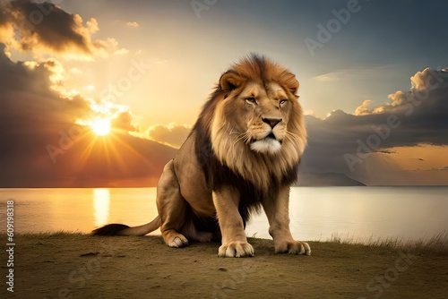 A magnificent male lion with a majestic golden mane  standing proudly on a rocky cliff