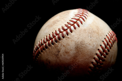 Photography used baseball macro over black, shallow depth of field