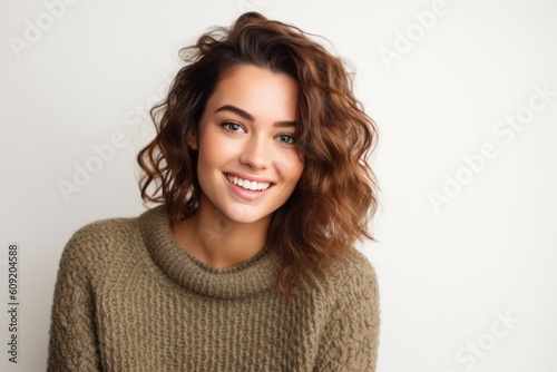 Portrait of a beautiful young woman smiling at the camera on a white background