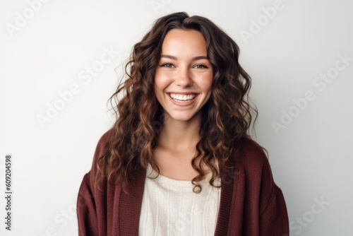 Portrait of beautiful young woman with long curly hair smiling at camera.
