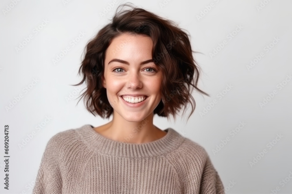 Portrait of a beautiful young woman smiling on a white background. Portrait of a beautiful young woman smiling on a white background.