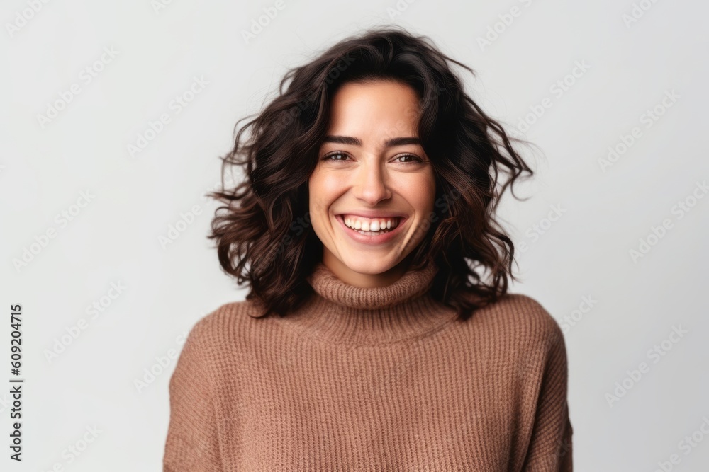 Portrait of a smiling young woman in sweater looking at camera isolated over white background