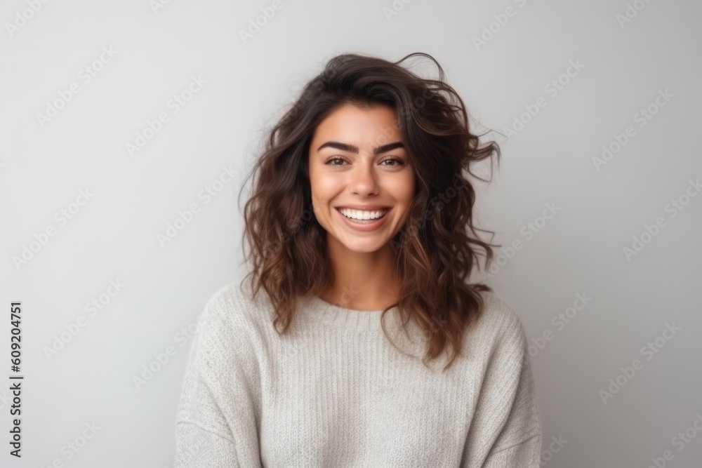 Portrait of a happy young woman looking at camera over grey background Portrait of a happy young woman looking at camera over grey background