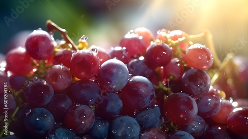 Fresh tasty dark purple grape on a branch, after rain, juice splashing around, rain drops, bright sunlight, bokeh natural background, banner, AI Generated