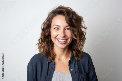 Portrait of a smiling young woman with curly hair on gray background © Robert MEYNER