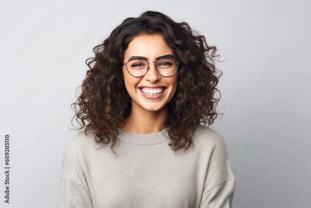 Fototapeta premium Portrait of happy young woman in eyeglasses looking at camera
