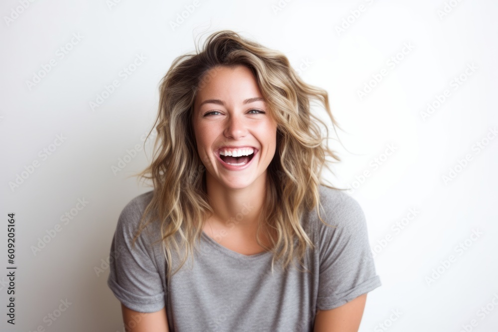 Portrait of a beautiful young woman laughing and looking at the camera Portrait of a beautiful young woman laughing and looking at the camera
