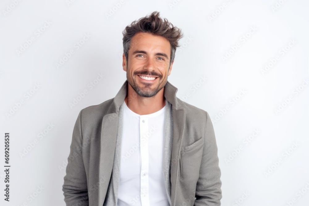 Obraz premium Handsome young man looking at camera and smiling while standing against white background