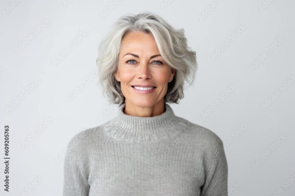 Portrait of a smiling mature woman looking at camera over white background Portrait of a smiling mature woman looking at camera over white background