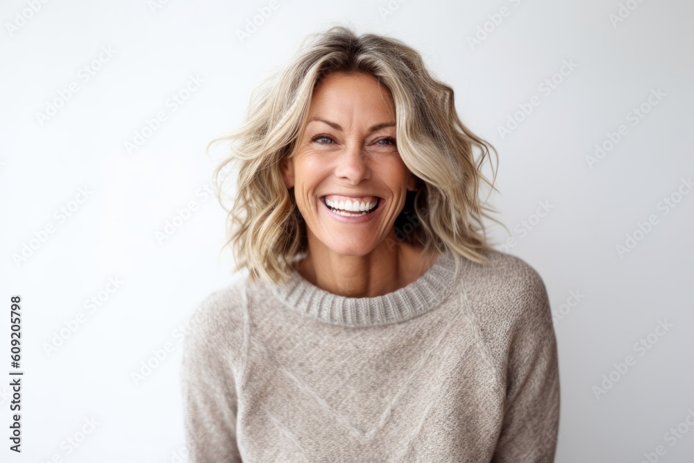 Close up portrait of a beautiful middle aged woman laughing and looking at camera over white background Close up portrait of a beautiful middle aged woman laughing and looking at camera over white background