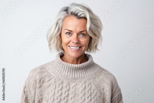 Portrait of happy mature woman in sweater looking at camera isolated on a white background