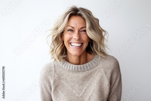 Close up portrait of a beautiful middle aged woman laughing and looking at camera over white background