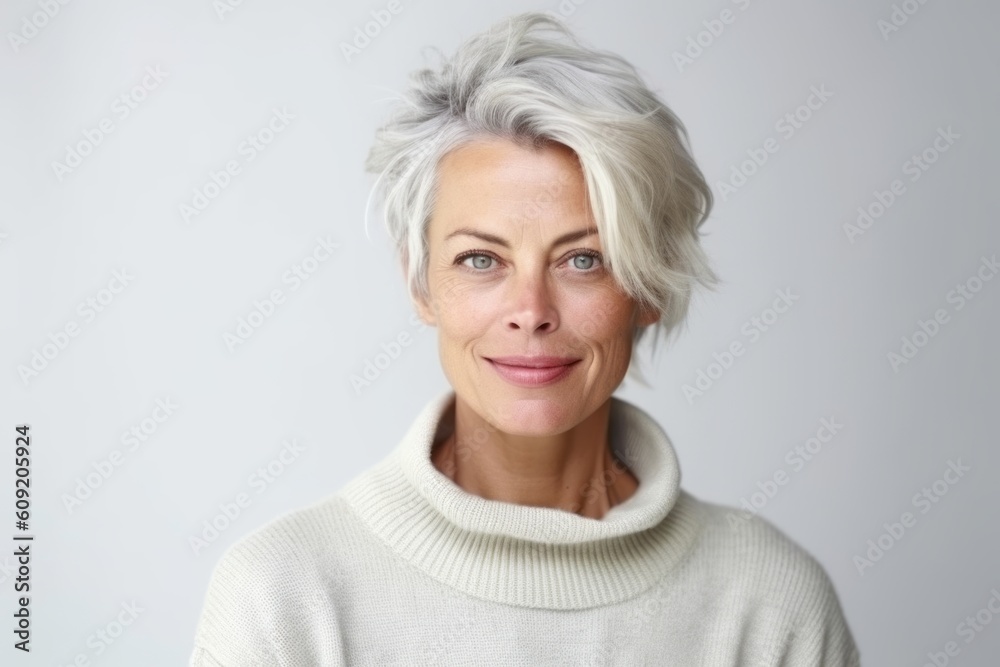 Portrait of a middle-aged woman with grey hair wearing a white sweater Portrait of a middle-aged woman with grey hair wearing a white sweater
