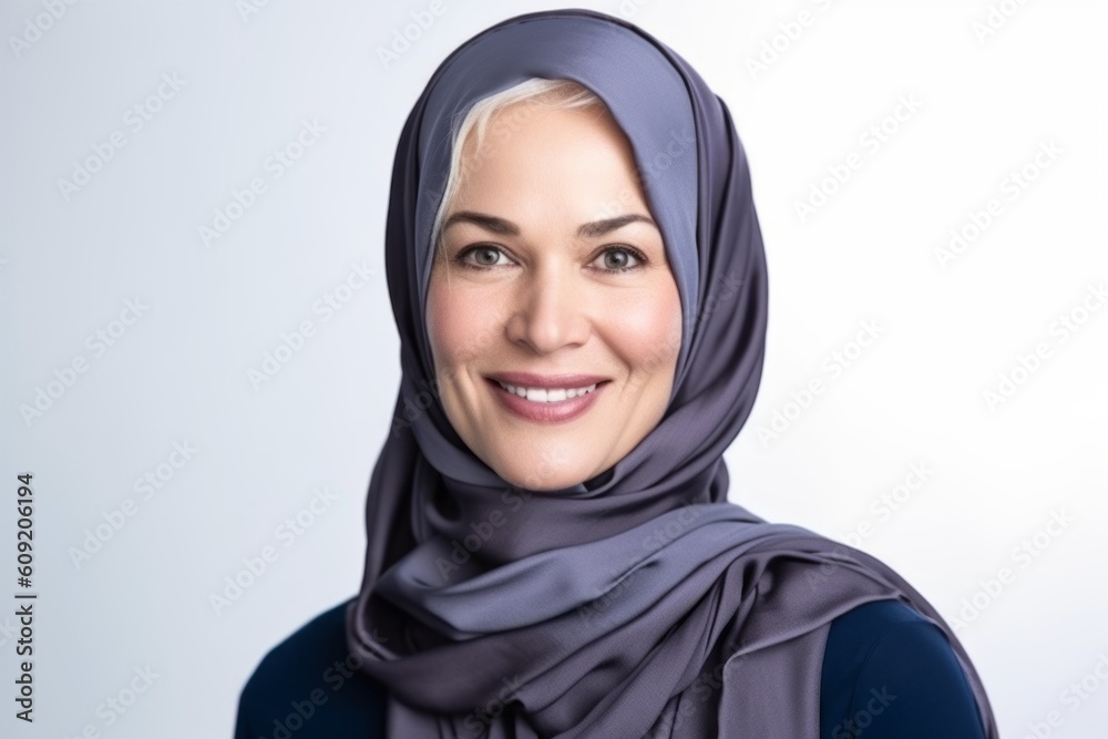 Portrait of a beautiful muslim woman in hijab smiling at the camera
