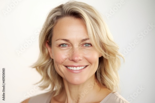 Medium shot portrait photography of a grinning woman in her 40s that is placed against a white background . Generative AI