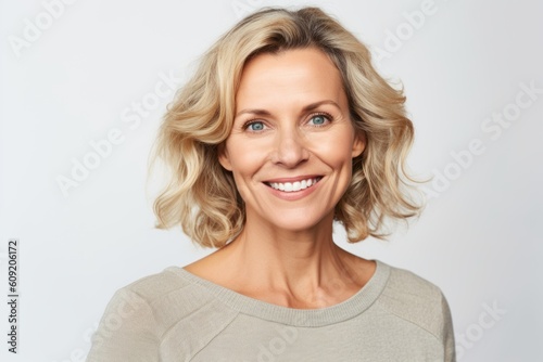 Portrait of beautiful middle aged woman with blond hair smiling at camera