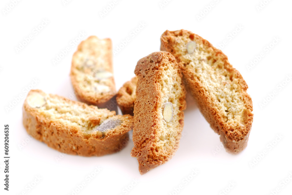 Traditional italian almond biscuits - biscotti, on white background