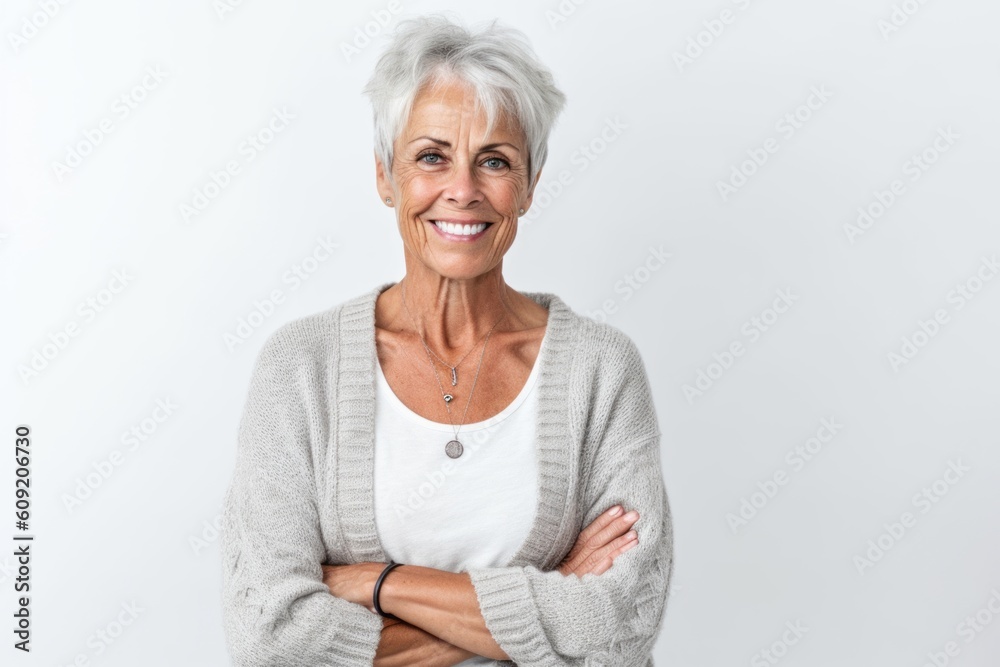 Portrait of a happy senior woman standing with arms crossed over white background Portrait of a happy senior woman standing with arms crossed over white background