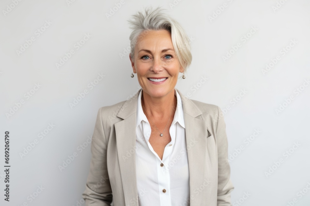 Portrait of a smiling mature businesswoman standing against white background. Portrait of a smiling mature businesswoman standing against white background.