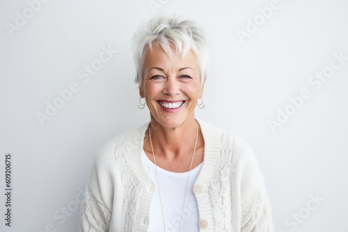 Portrait of a happy senior woman listening to music on white background
