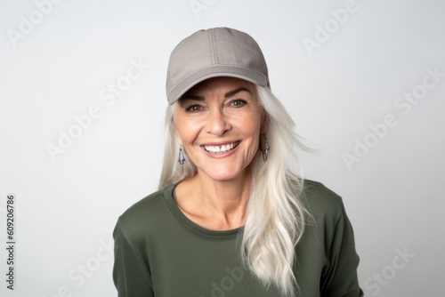 Lifestyle portrait photography of a cheerful woman in her 50s that is wearing a cool cap or hat against a white background . Generative AI