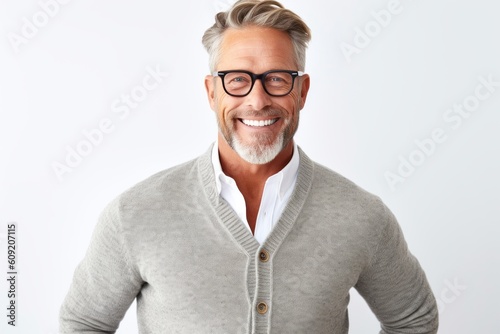 Portrait of handsome mature man in eyeglasses smiling at camera. © Robert MEYNER