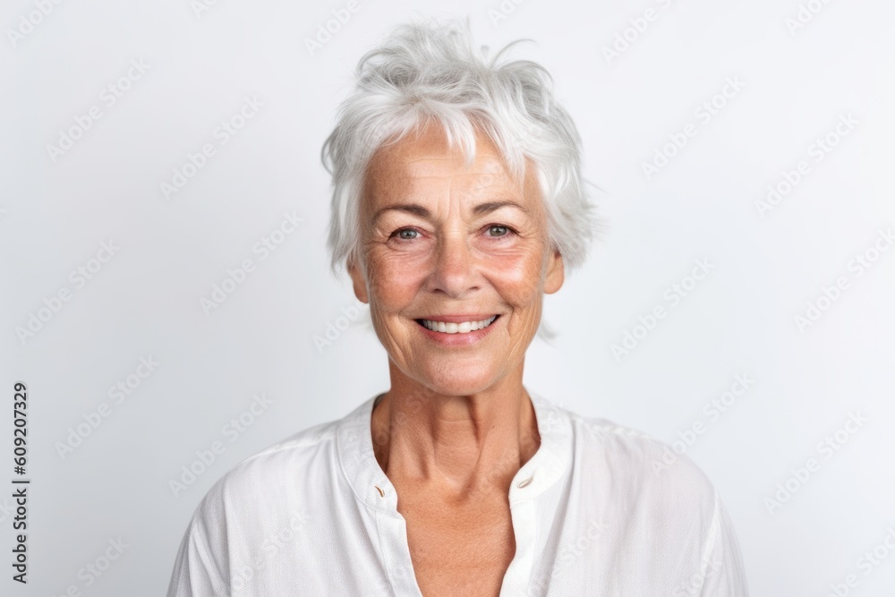 Portrait of a smiling senior woman looking at camera on white background