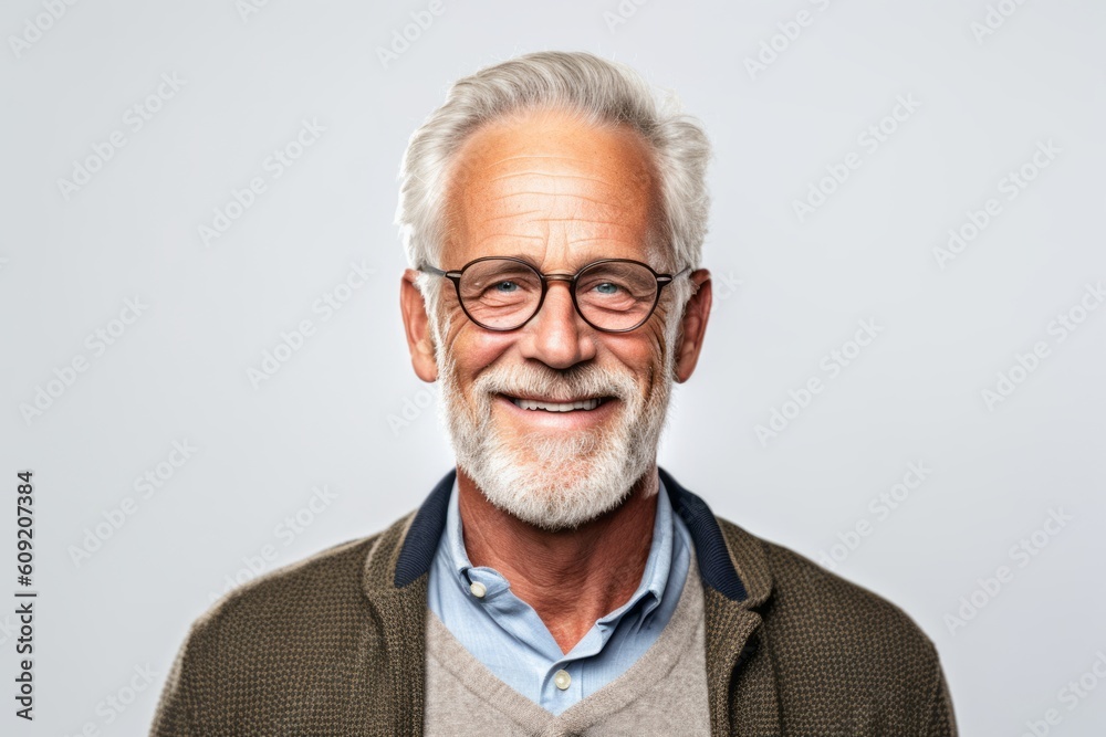 Portrait of happy senior man in eyeglasses against grey background