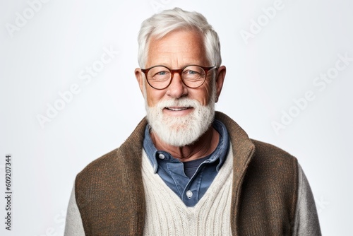 Group portrait photography of a pleased man in his 60s that is wearing a chic cardigan against a white background . Generative AI