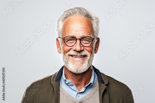 Portrait of happy senior man in eyeglasses against grey background © Robert MEYNER